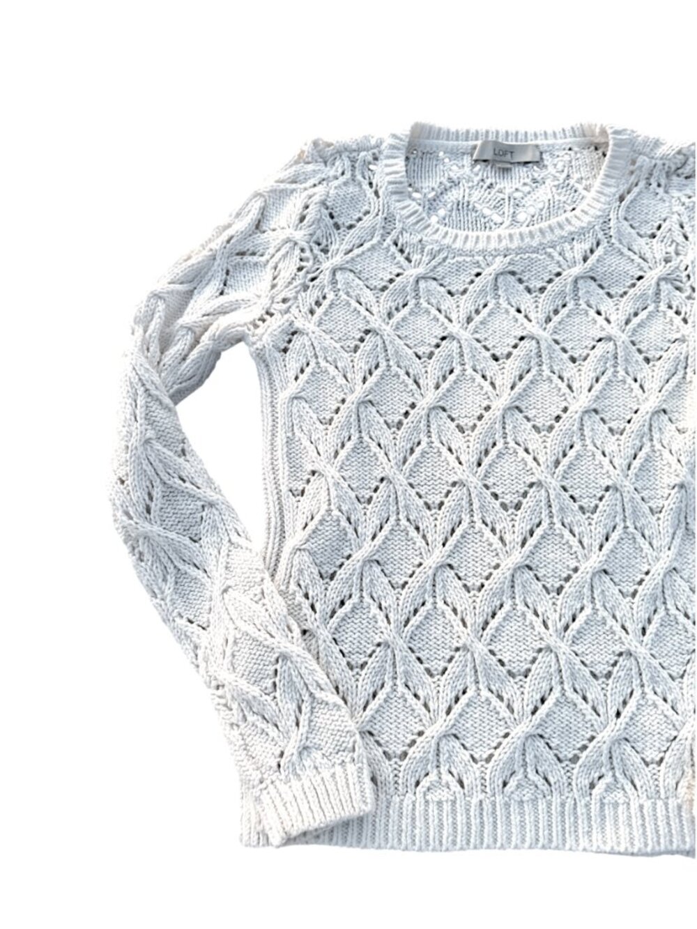 LOFT Cream Cable Knit Openwork Pointelle Sweater Off White Crew Neck - Picture 6 of 16